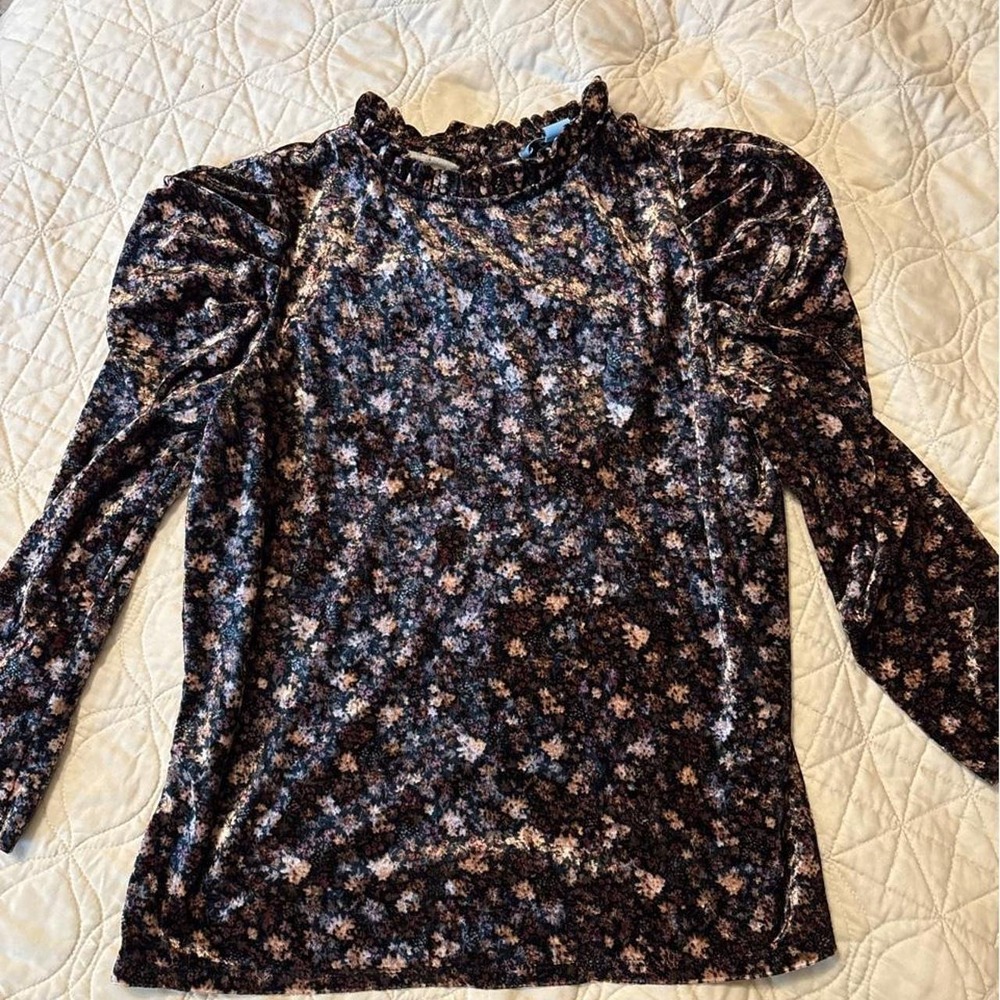 CeCe Floral Velvet Mock Neck Ruffle Puff Shoulder Blouse Top Black Multi S